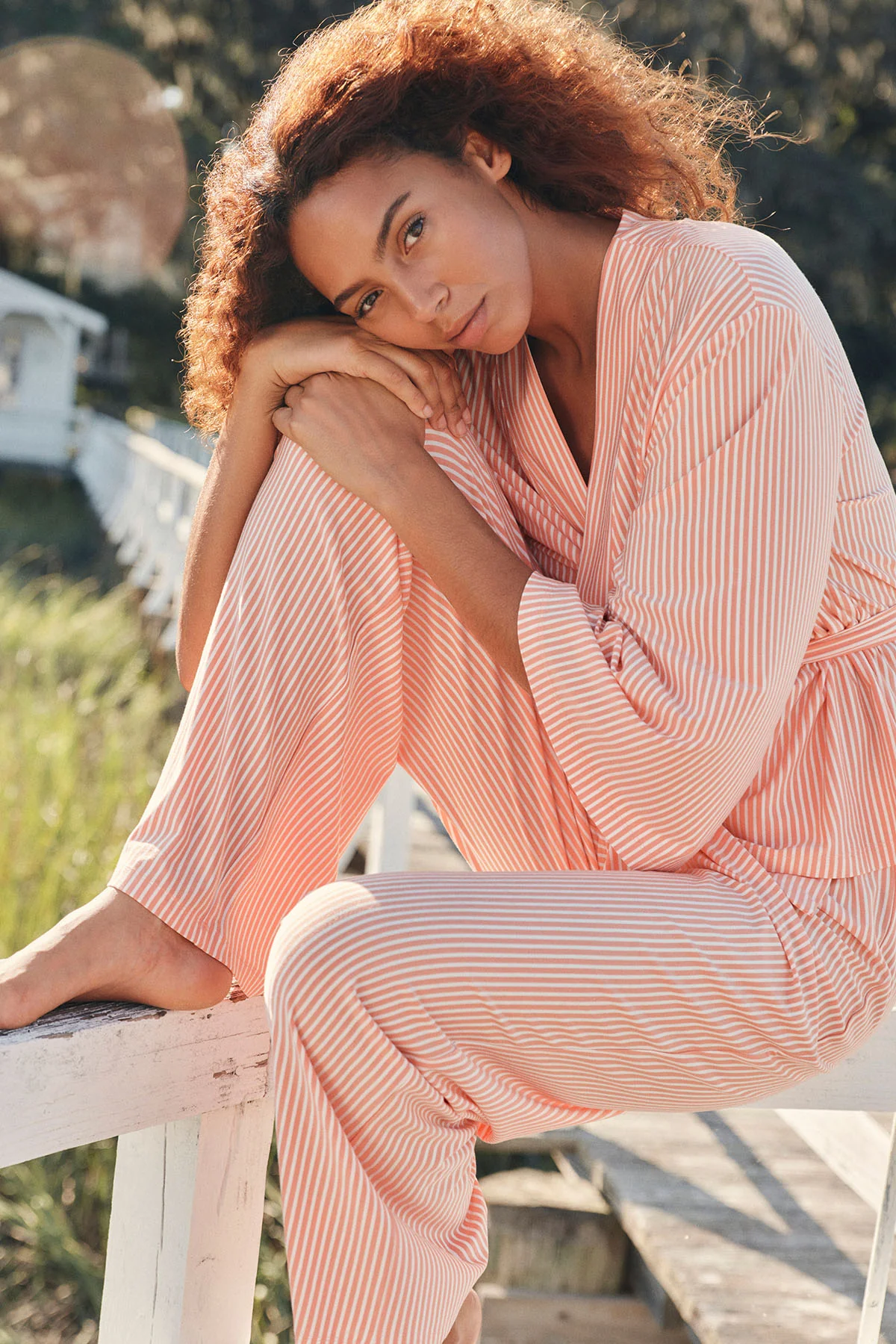 DreamModal™ Kimono Pajama Set in Bellini Pencil Stripe - Image 3