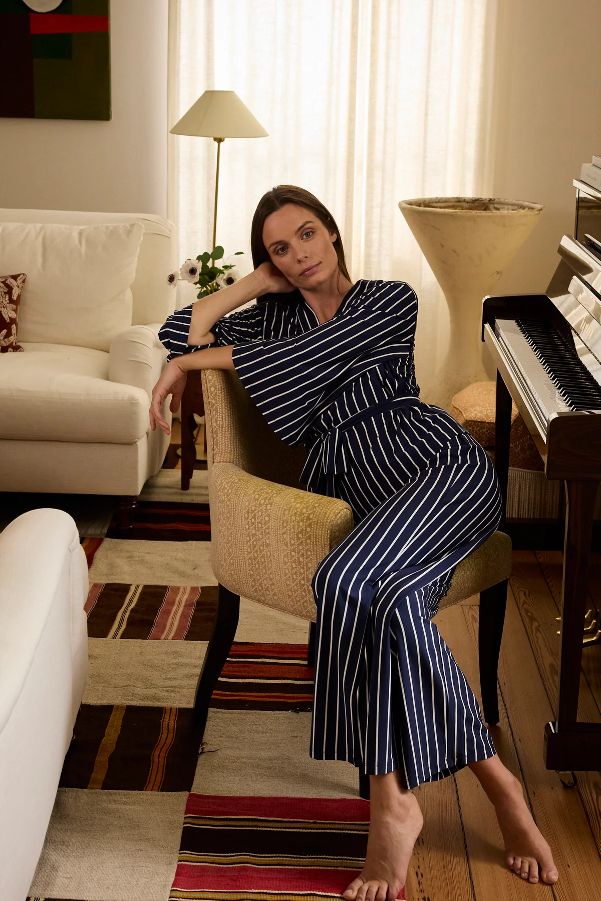 DreamModal™ Kimono Pajama Set in English Navy Vertical Stripe - Image 3