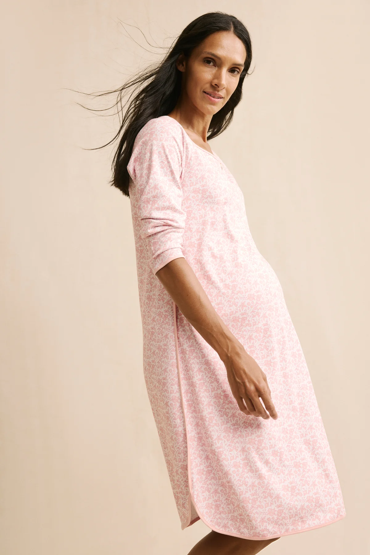Pima Maternity Long Sleeve Nightgown in English Rose Garden Floral - Image 4