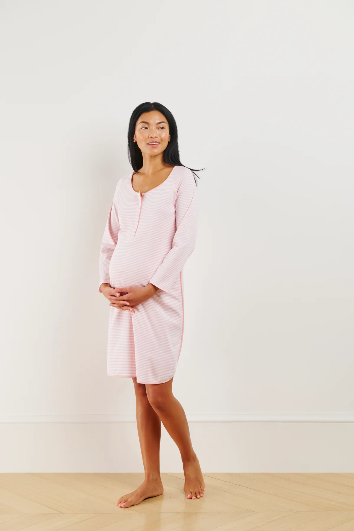 Pima Maternity Long Sleeve Nightgown in English Rose Stripe - Image 4