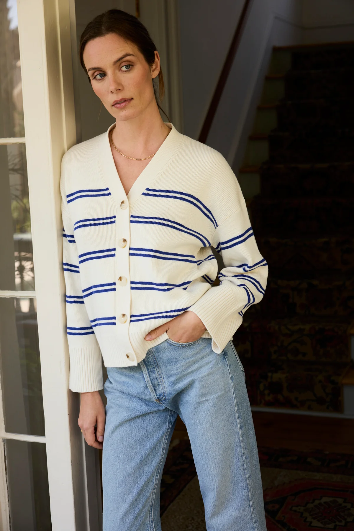 Nora Cardigan in Ivory Caspian Stripe - Image 3