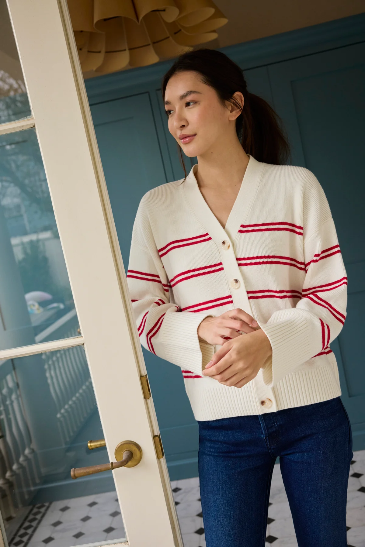 Nora Cotton Cardigan in Ivory Red Stripe - Image 3
