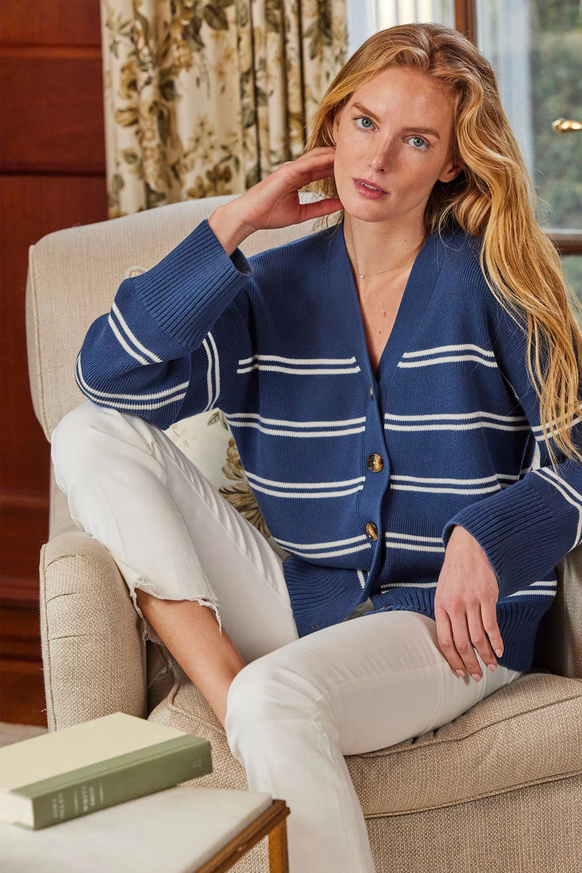 Nora Cotton Cardigan in Navy Ivory Stripe - Image 3