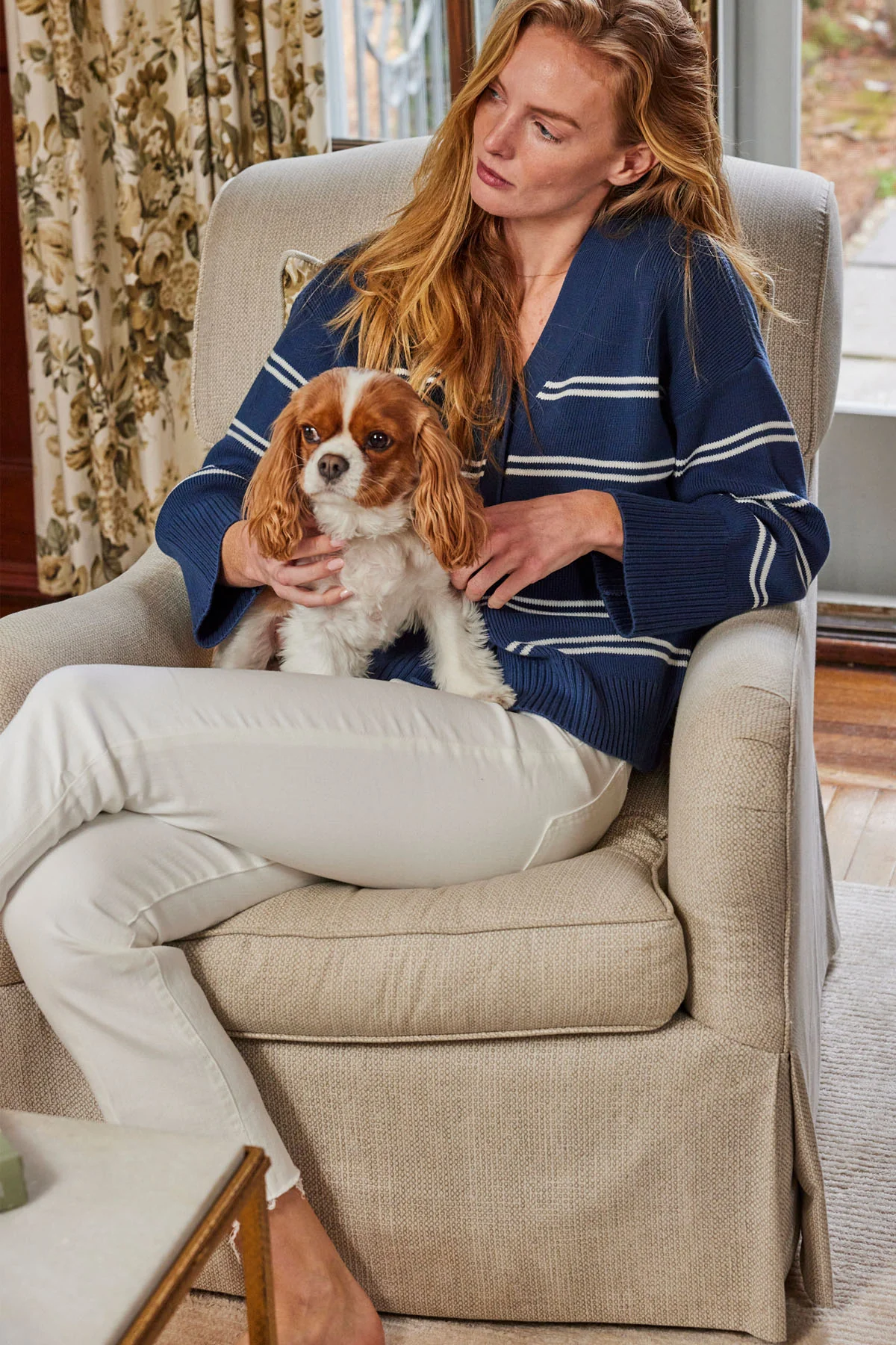 Nora Cotton Cardigan in Navy Ivory Stripe - Image 4