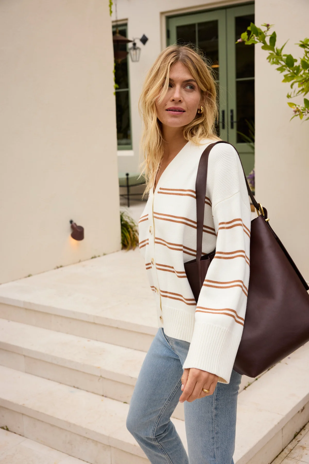 Nora Cardigan in Oak Varsity Stripe - Image 3