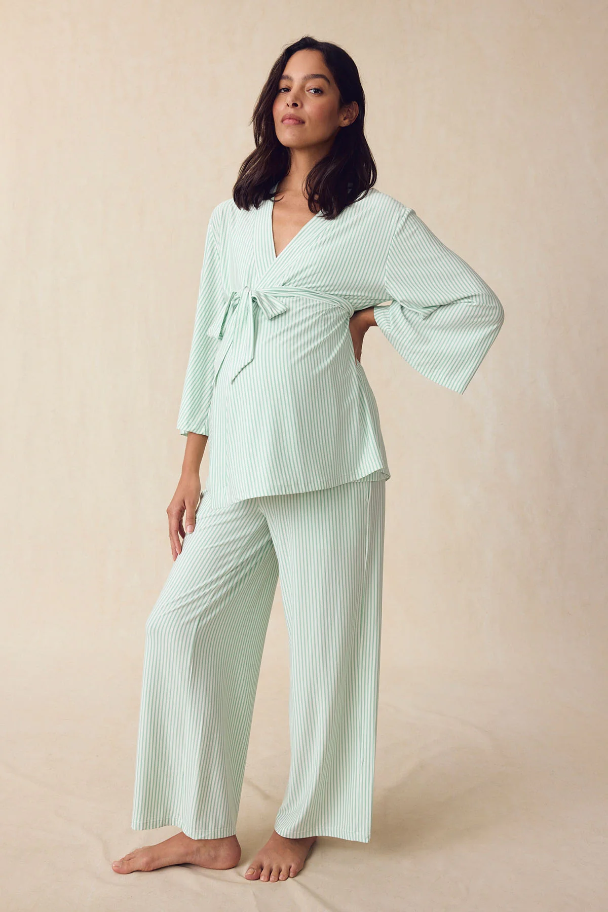 Maternity DreamModal™ Kimono Three-Piece Set in Parisian Green Pencil Stripe - Image 4