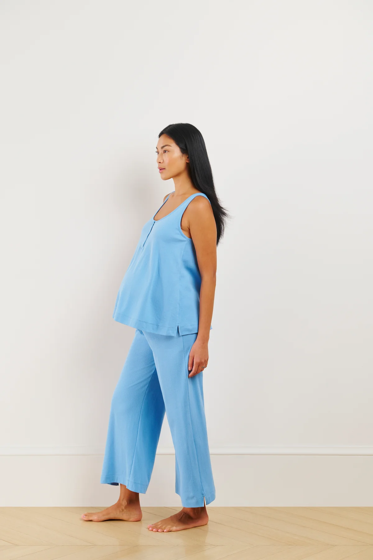 Pointelle Maternity Wide Leg Tank Set in Serene Blue - Image 4
