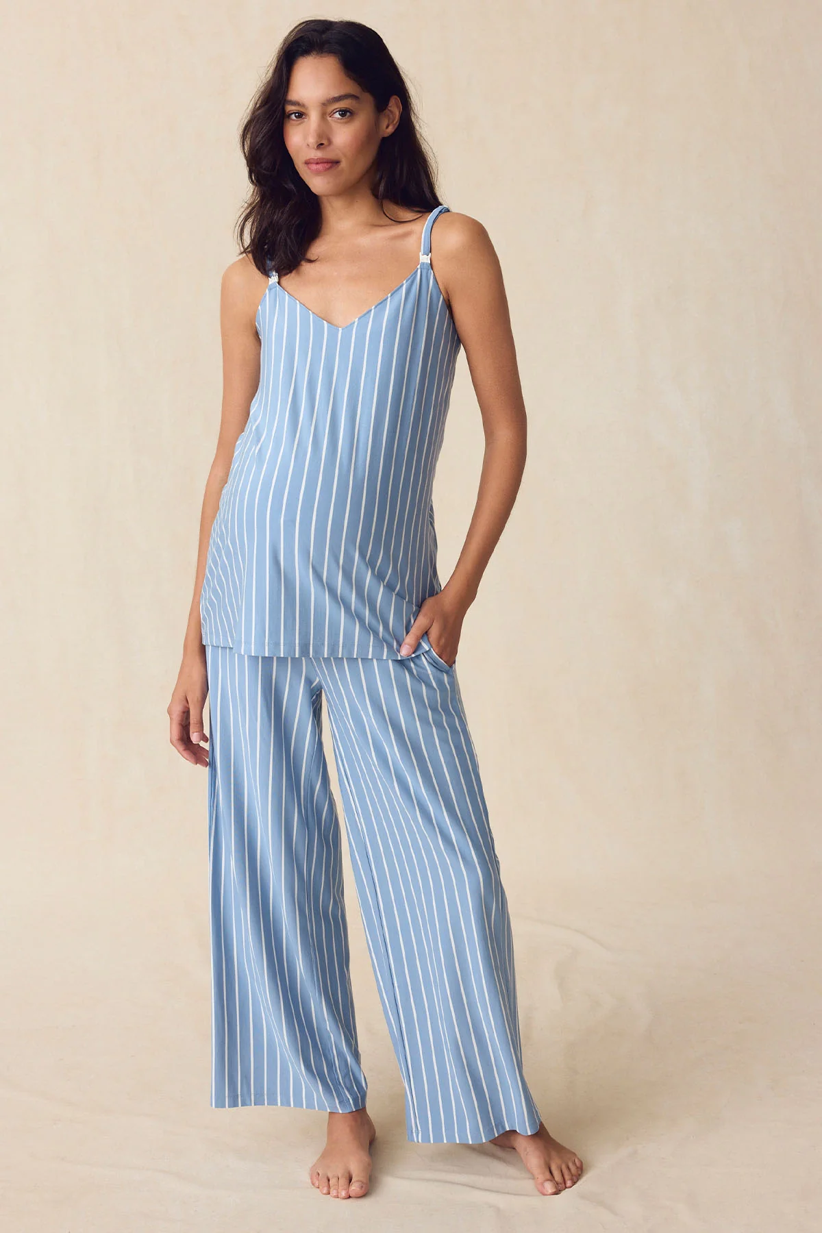 Maternity DreamModal™ Kimono Three-Piece Set in Serene Blue Stripe - Image 4